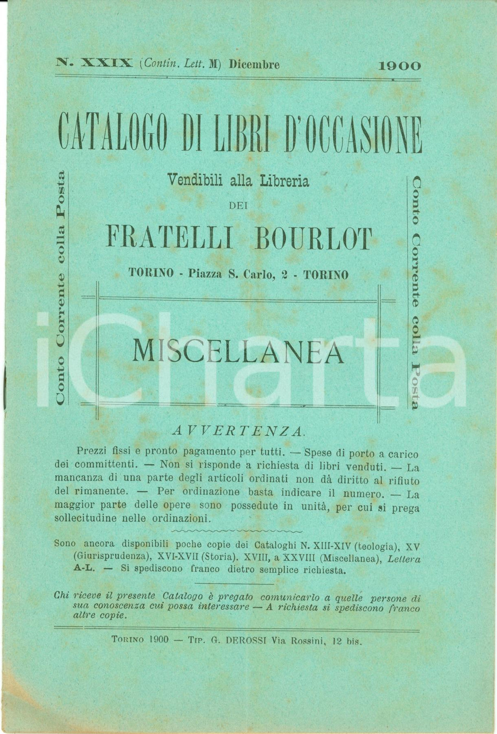 Libro, pubblicazione d'epoca 1900 TORINO Catalogo libreria antiquaria BOURLOT *548 schede 1