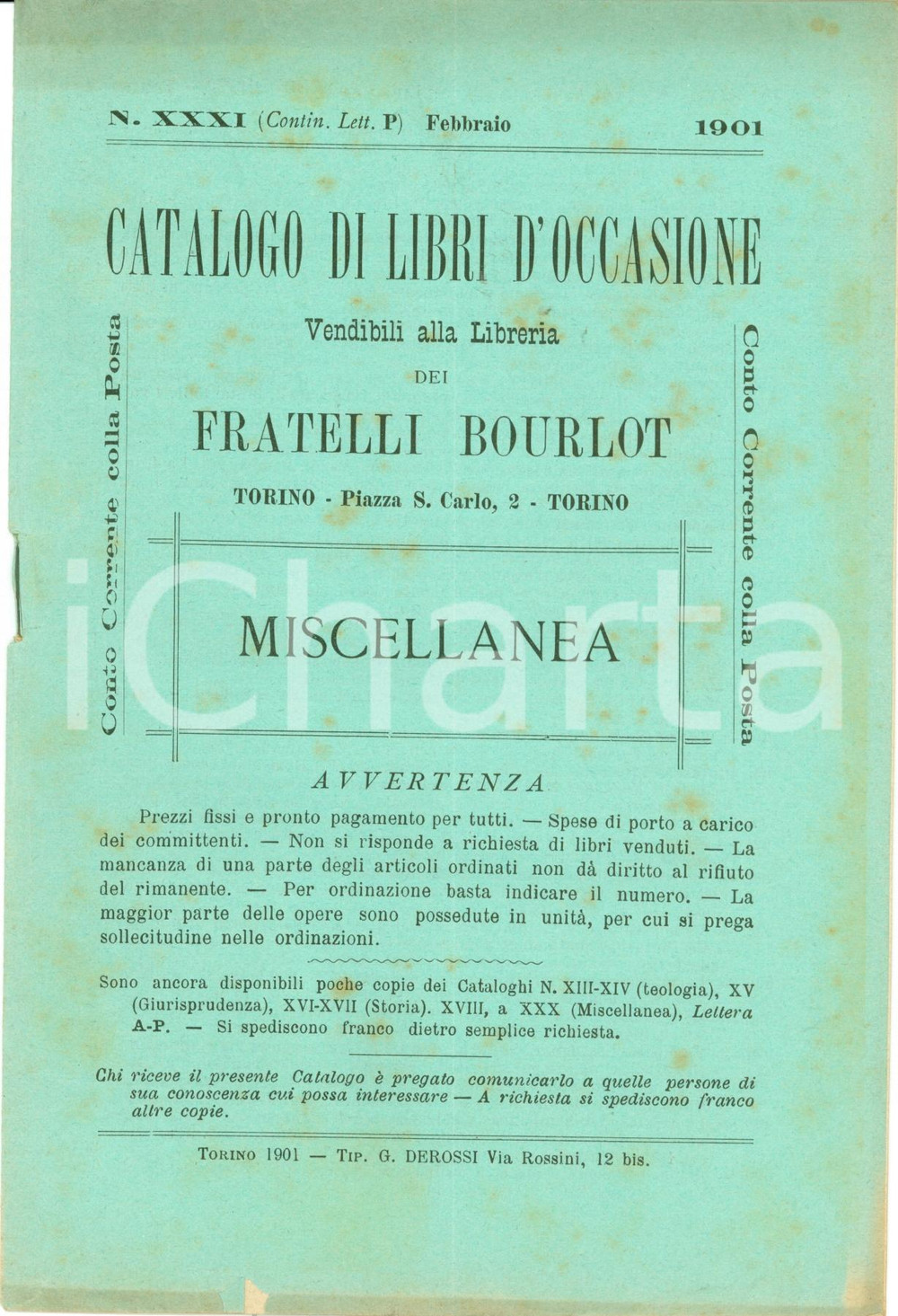 Libro, pubblicazione d'epoca 1901 TORINO Catalogo libreria antiquaria BOURLOT *599 schede 1