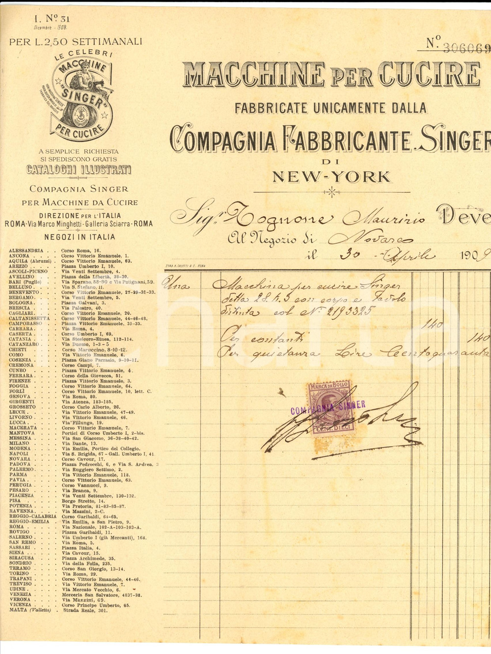 Materiale pubblicitario d’epoca 1909 NOVARA Fattura commerciale SINGER Macchine per cucire 1