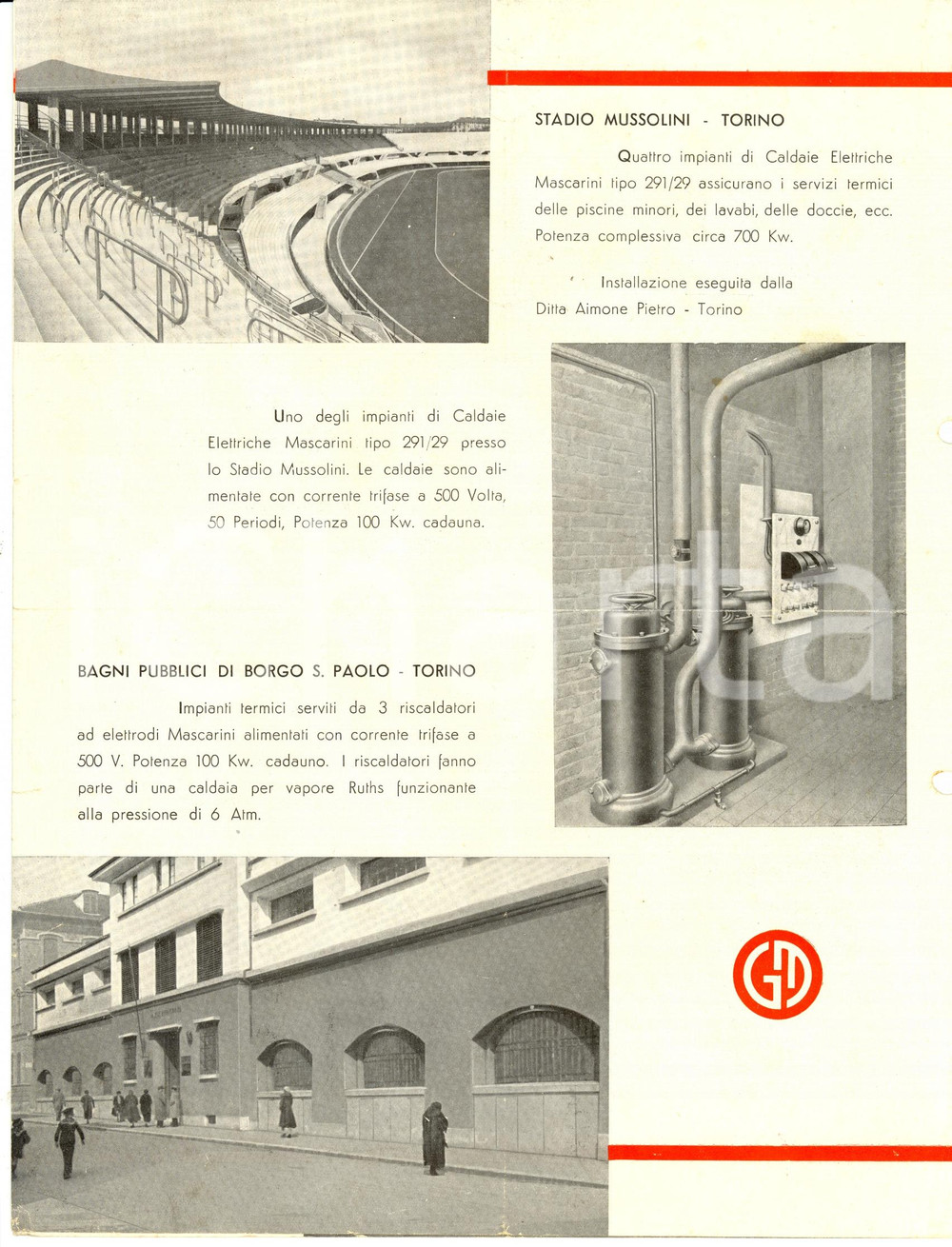 Materiale pubblicitario d’epoca 1936 TORINO Caldaie elettriche Ing. Giovanni MASCARINI PubblicitÃ 1