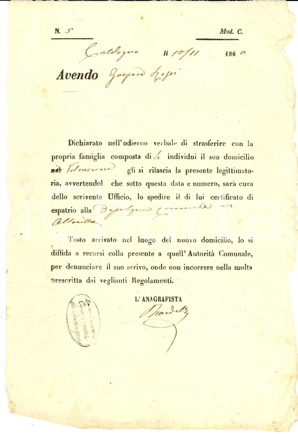 Documento originale, autentico 1860 CALDOGNO (VI) Trasferimento Gaspare ROSSI ad ALTAVILLA VICENTINA 1