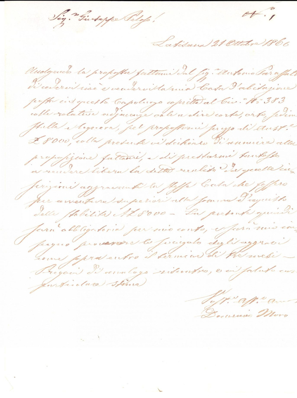 Documento originale, autentico 1866 LATISANA (UD) Domenico MORO vende casa a Giuseppe PELOSI 1
