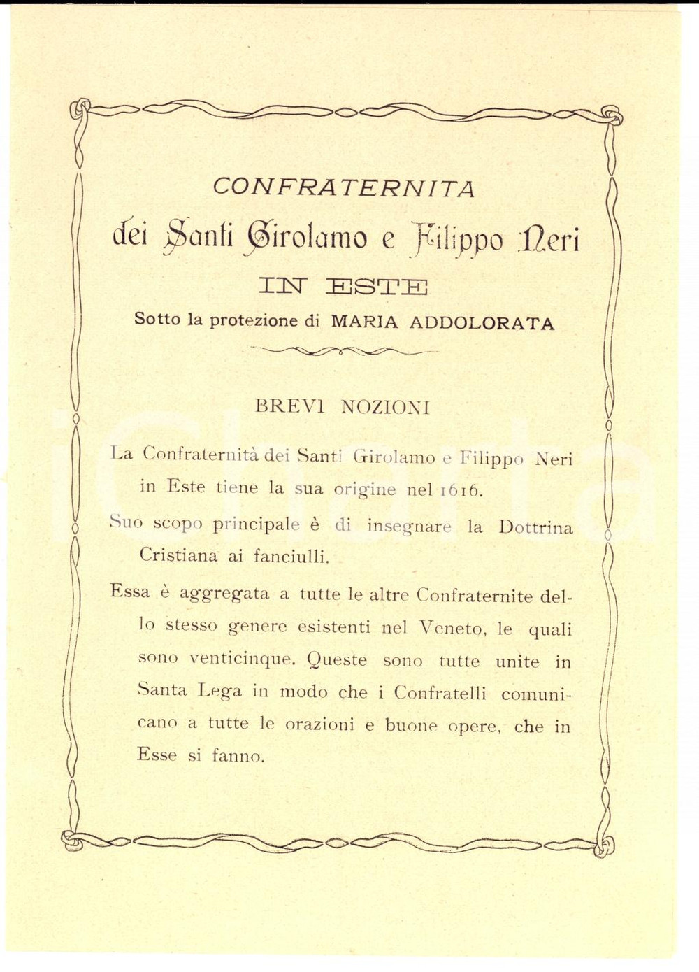 Documento originale, autentico 1907 ESTE PD Confraternita SS. GEROLAMO E FILIPPO NERI FinalitÃ  Volantino 1