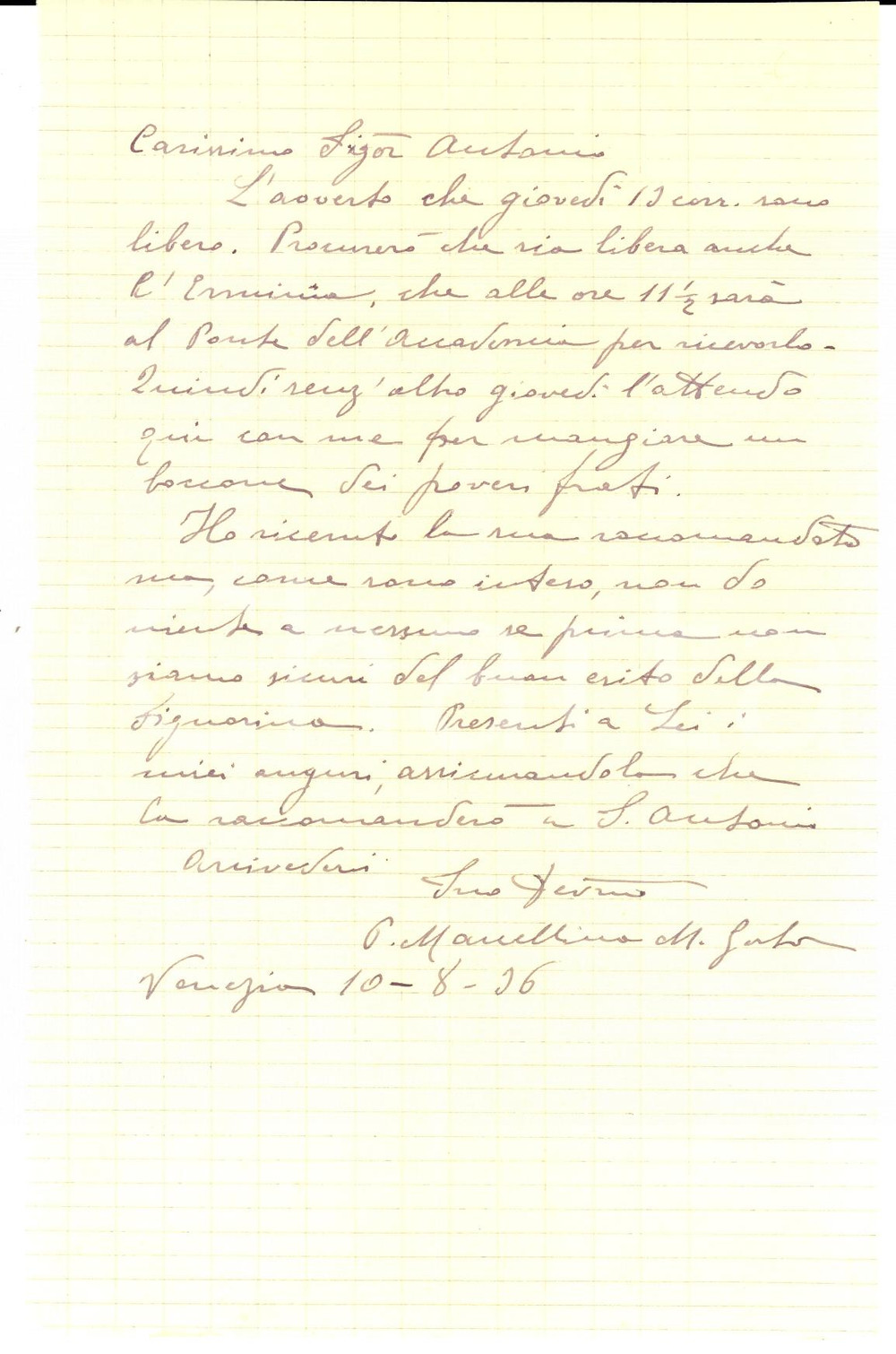 Manoscritto, lettera originale 1936 VENEZIA SAN LAZZARO DEGLI ARMENI Padre Marcellino alla mensa dei frati 1