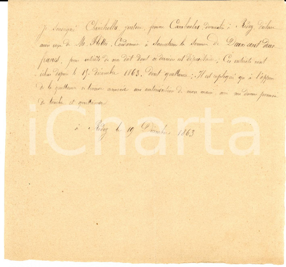 Manoscritto, lettera originale 1863 RODEZ France Justine CHINCHOLLE riscuote interessi dotali Ricevuta 1