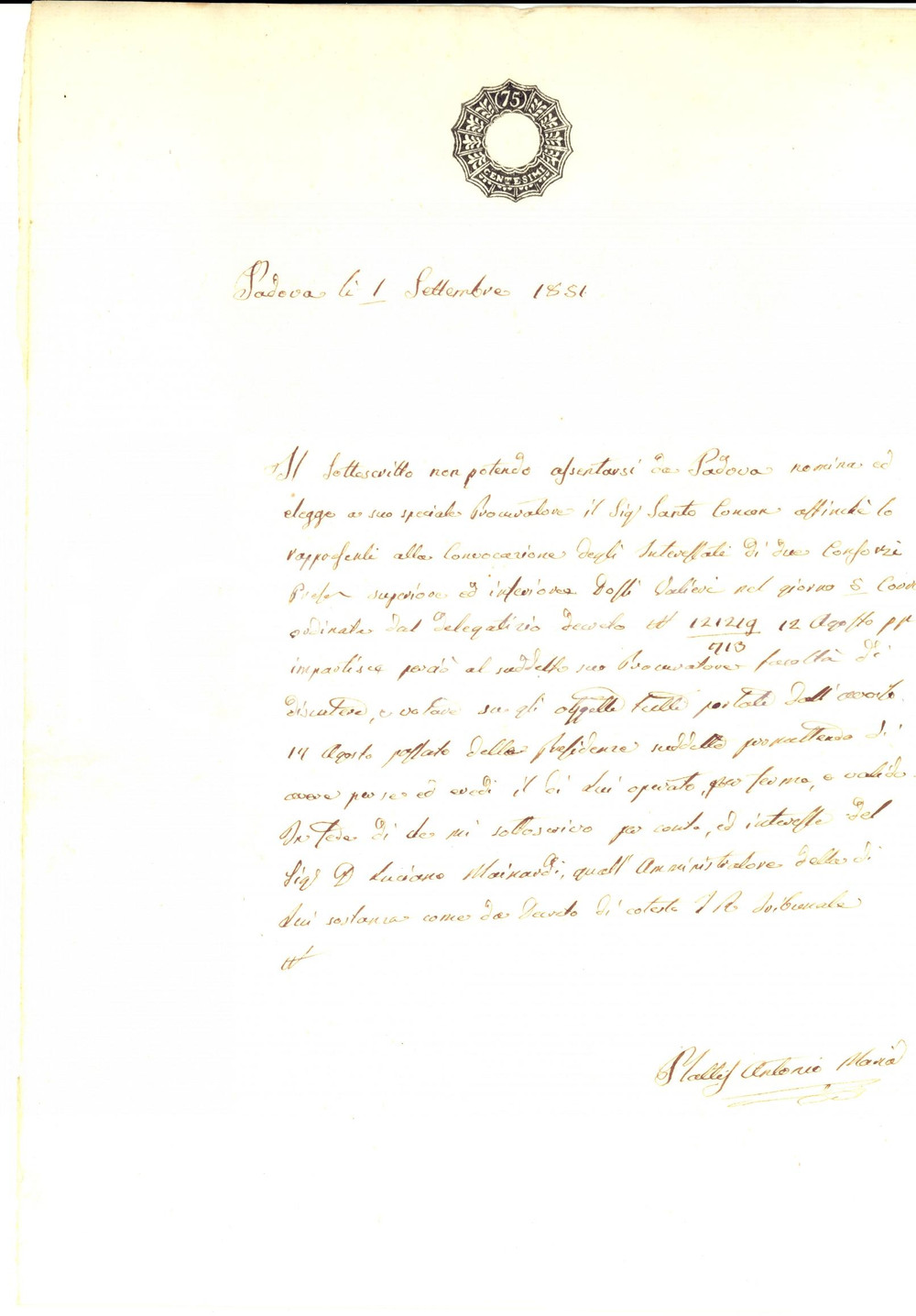 Documento originale, autentico 1851 PADOVA Procura a Santo CONCON per consorzio Presa Inferiore DOSSI VALLIERI 1