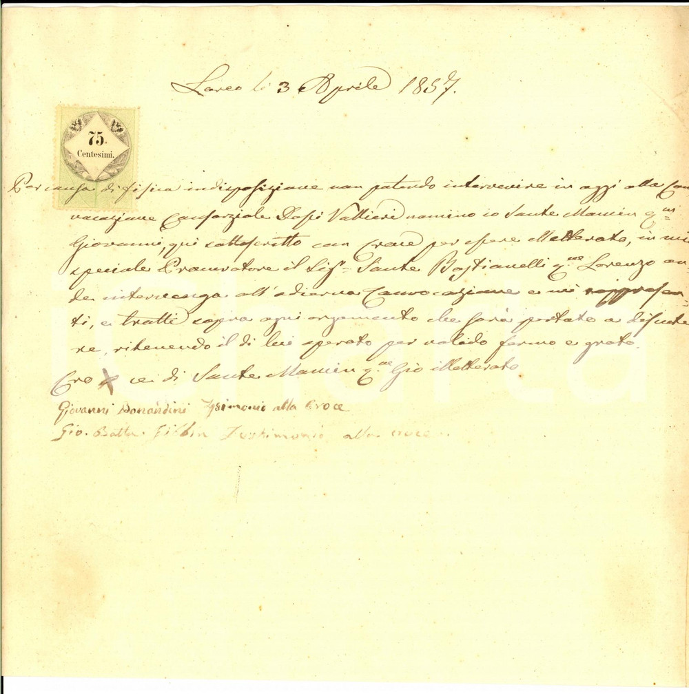 Documento originale, autentico 1857 LOREO (RO) Procura Sante MANIERI a Sante BASTANELLI per DOSSI VALLIERI 1