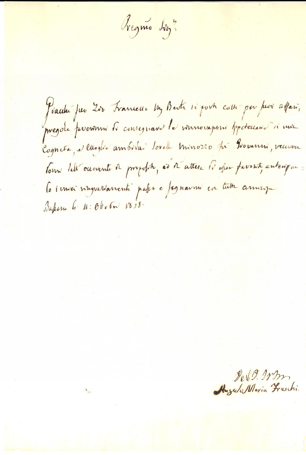 Documento originale, autentico 1838 BASSANO DEL GRAPPA VI Angelo Maria FRESCHI su rinnovazioni moglie MINOZZO 1