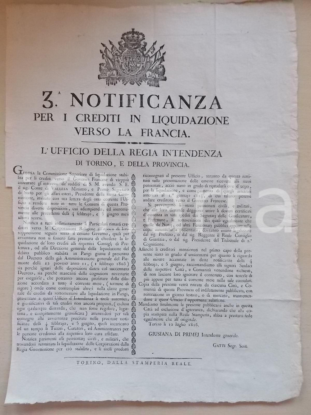Documento originale, autentico 1816 TORINO Notificanza per crediti in liquidazione verso la Francia *Manifesto 1