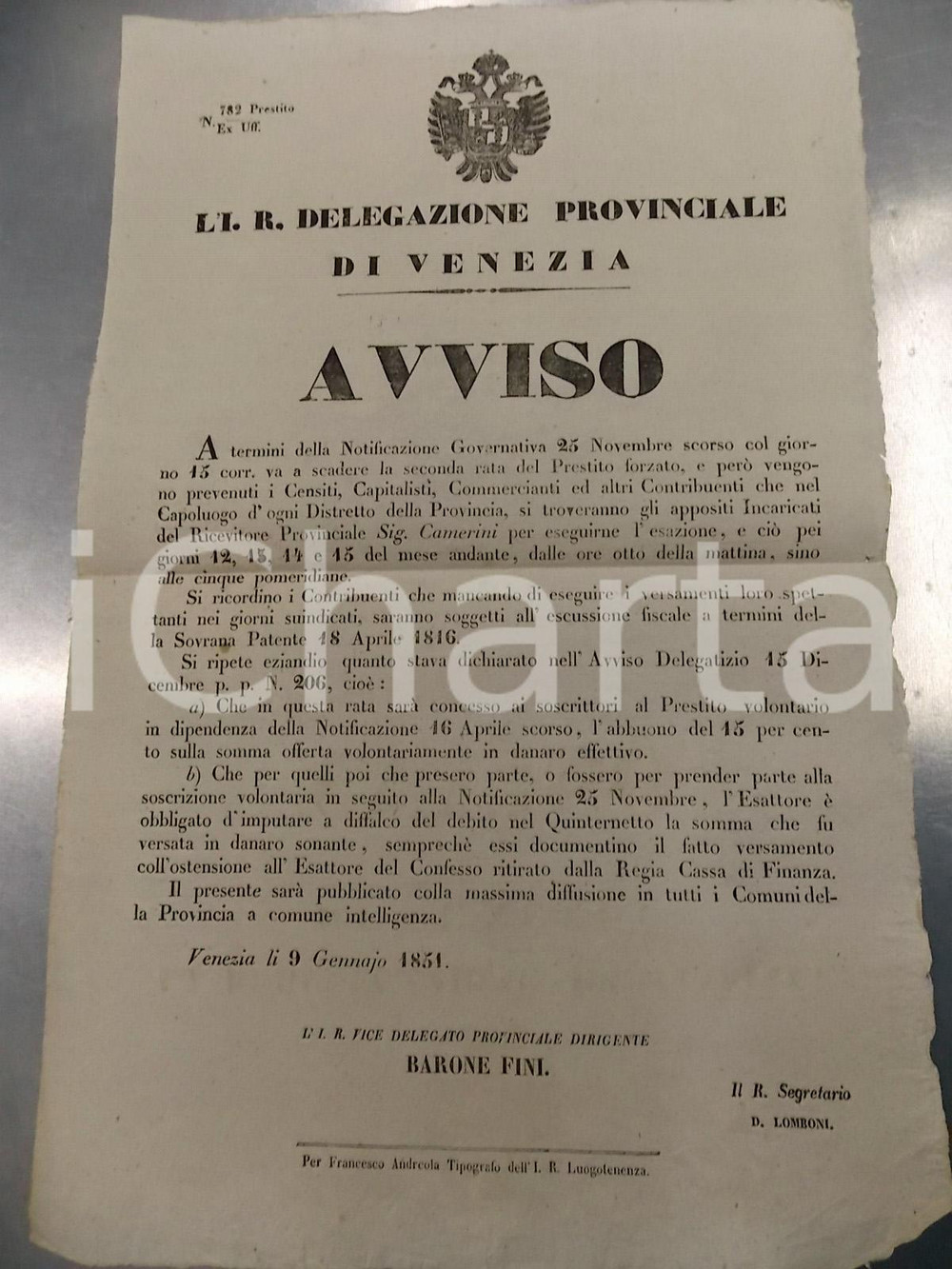 Documento originale, autentico 1851 VENEZIA Norme per i sottoscrittori del PRESTITO VOLONTARIO *Manifesto 1