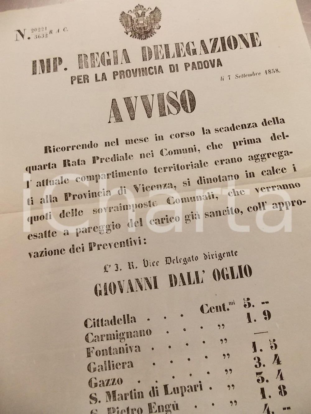 Documento originale, autentico 1858 PADOVA Quote comunali per versamento RATA PREDIALE *Manifesto 1