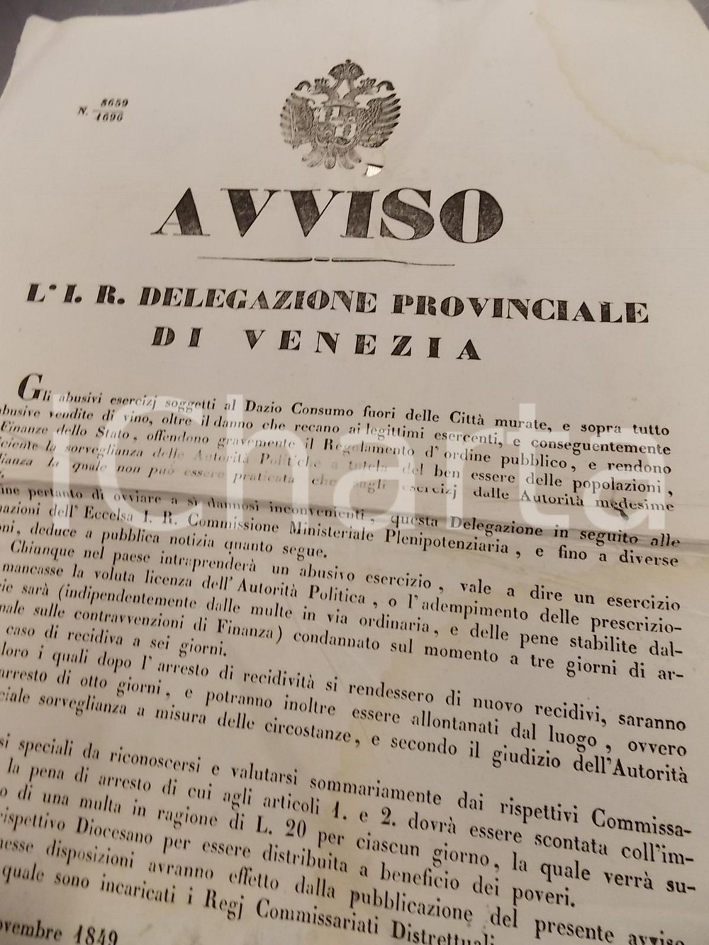 Documento originale, autentico 1849 IMPERIALE REGIO GOVERNO DI VENEZIA Contro l'abusiva vendita del vino 1