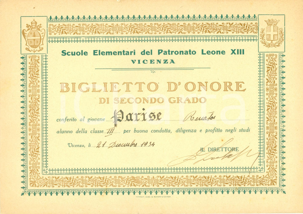 Documento originale, autentico 1934 VICENZA Scuole Elementari Patronato LEONE XIII Onore Renato PARISE 1