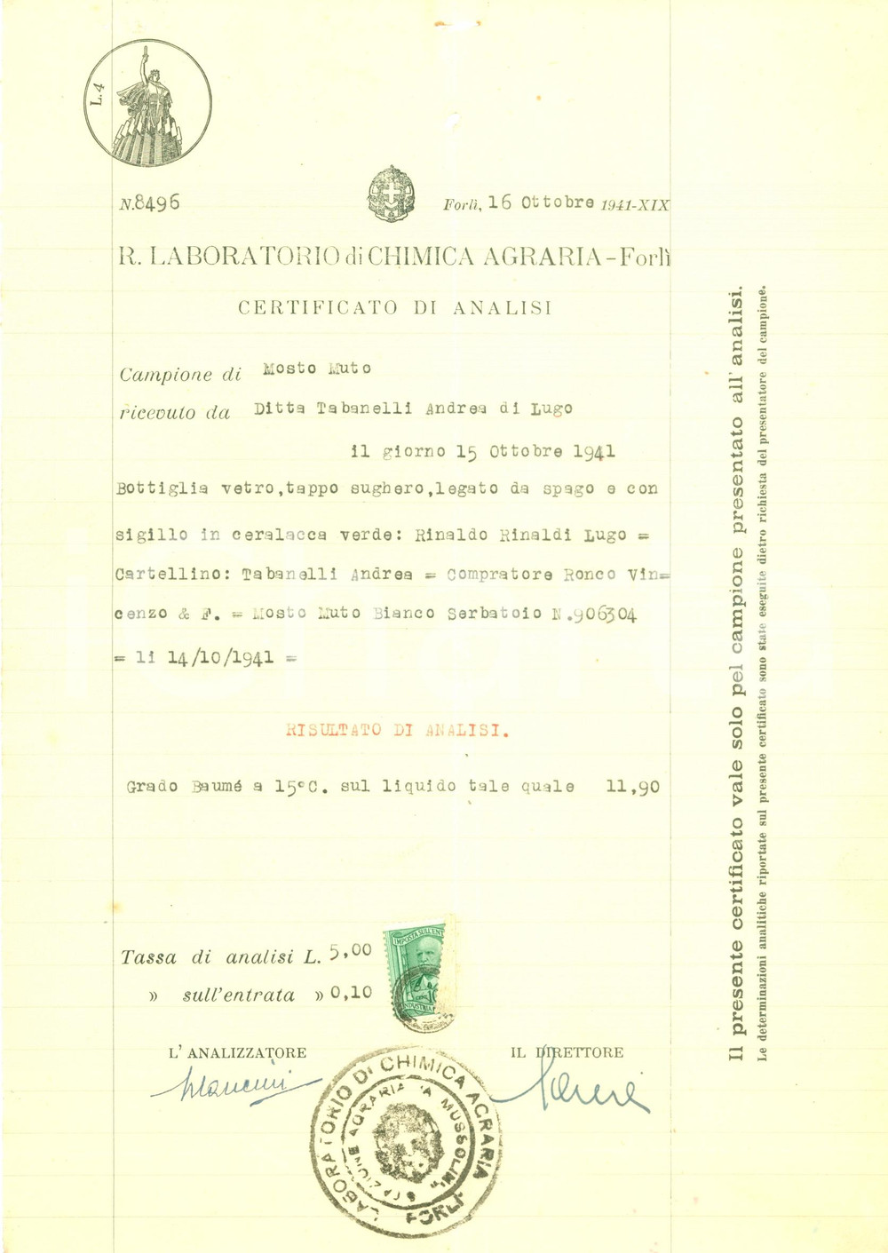 Documento originale, autentico 1941 LUGO RA Mosto muto Ditta TABANELLI analizzato a FORLI  Chimica agraria 1