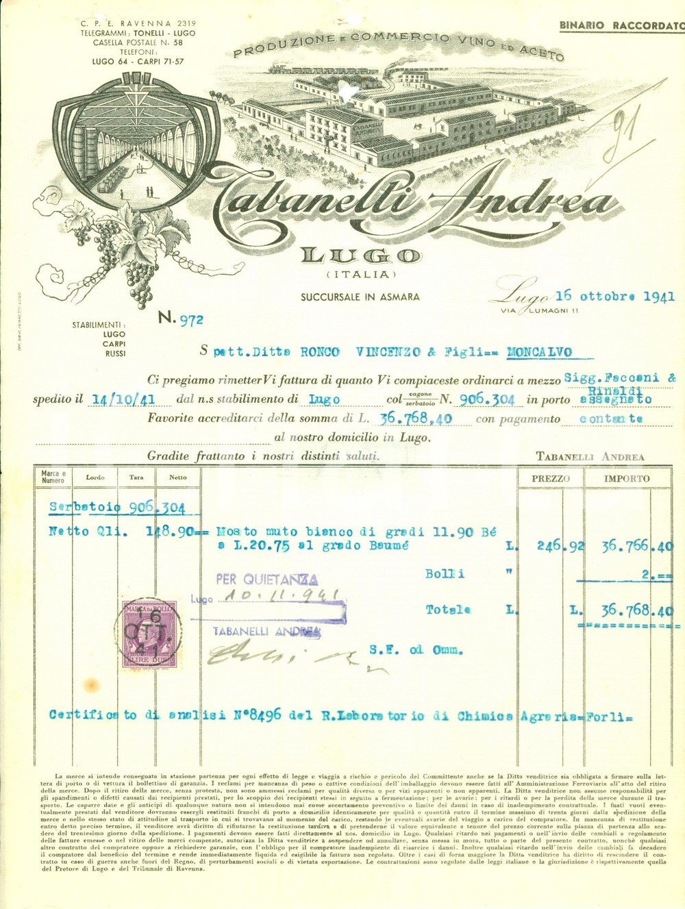 Documento originale, autentico 1941 LUGO RA Ditta TABANELLI Andrea produzione vino aceto Fattura ILLUSTRATA 1