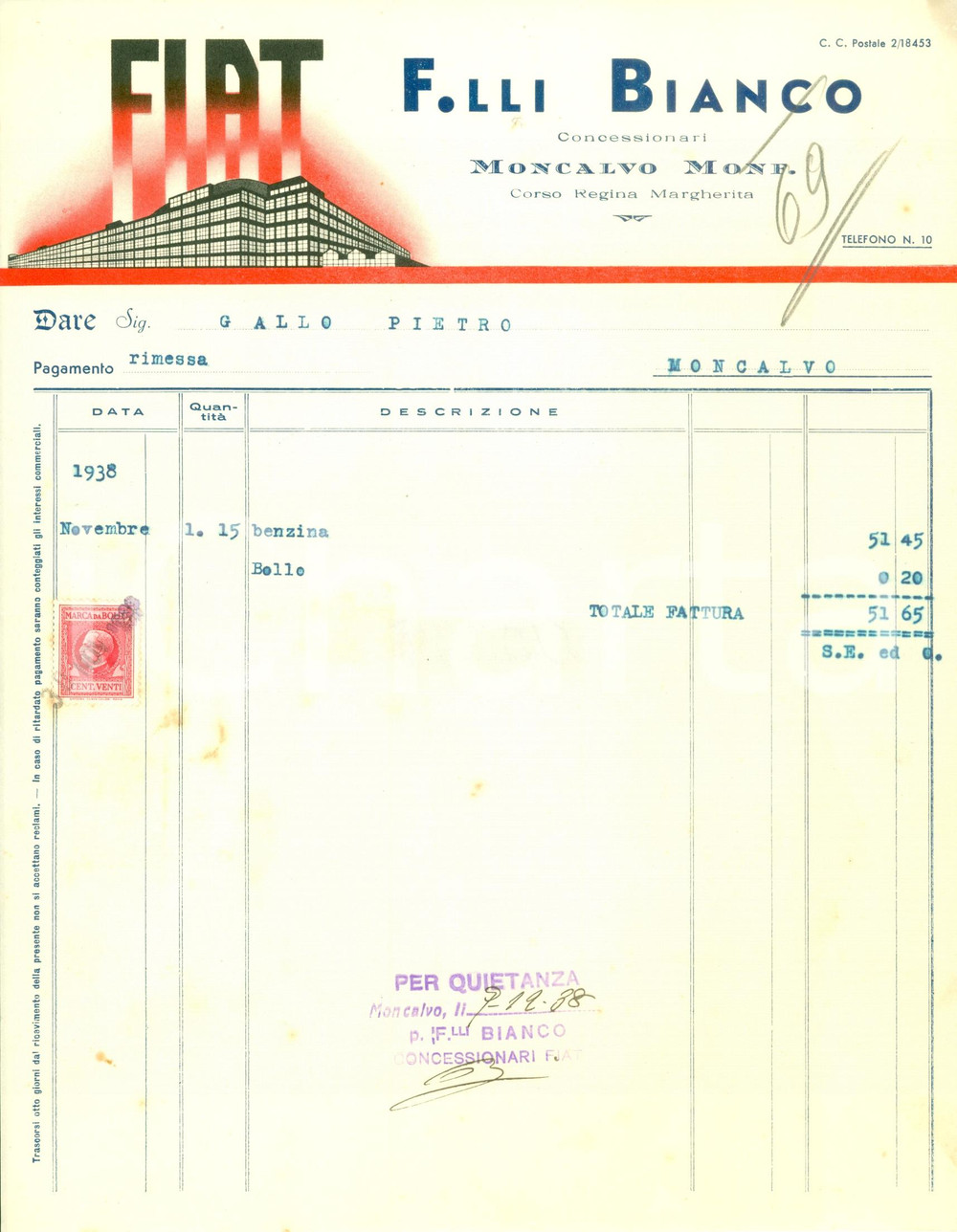 Documento originale, autentico 1938 MONCALVO AT Fratelli BIANCO Concessionari FIAT Fattura ILLUSTRATA 1