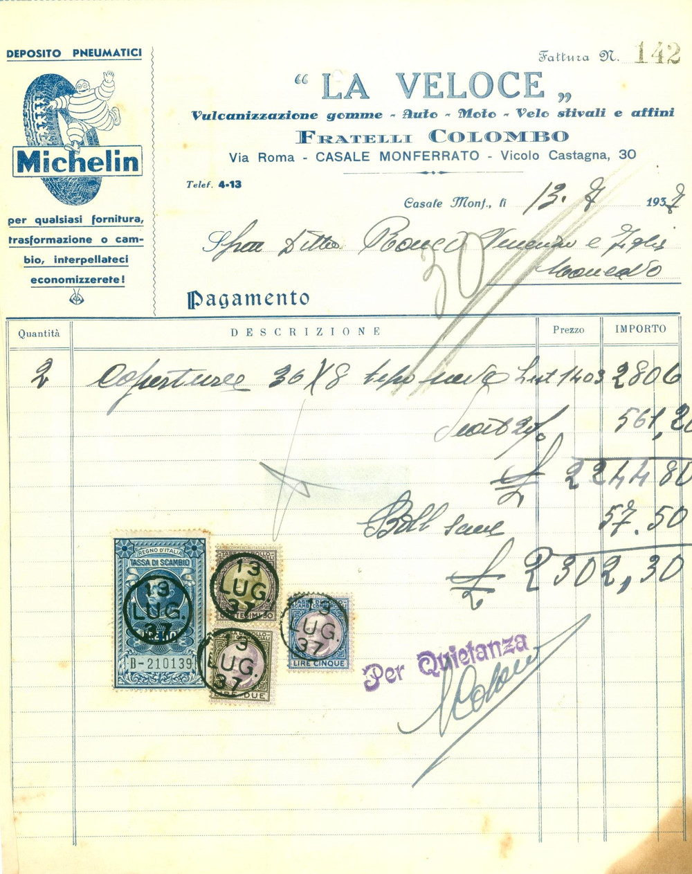 Documento originale, autentico 1937 CASALE MONFERRATO AL Fratelli COLOMBO La Veloce Vulcanizzazione MICHELIN 1