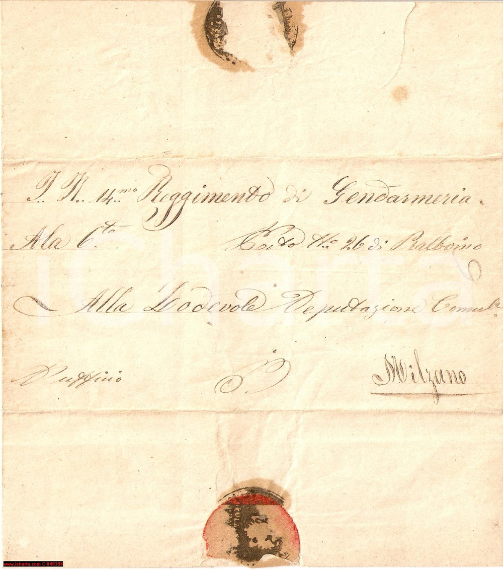 Documento originale, autentico 1857 PRALBOINO (BS) Dispaccio Militare Comando Gendarm. 1