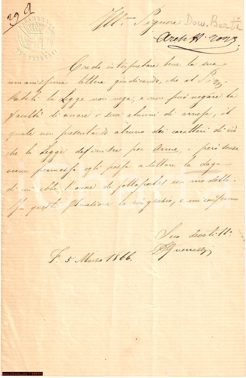 Autografo originale 1866 Lettera DOMENICO GUERRAZZI uso di armi a scuola 1