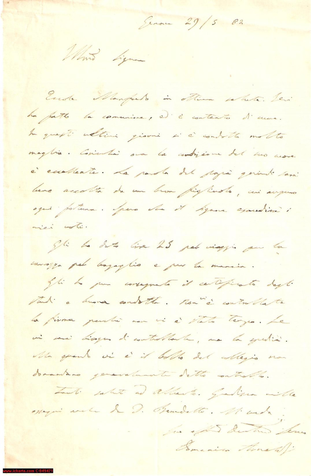 Manoscritto, lettera originale 1882 GENOVA COLLEGIO ARNALDI Lettera del Direttore 1