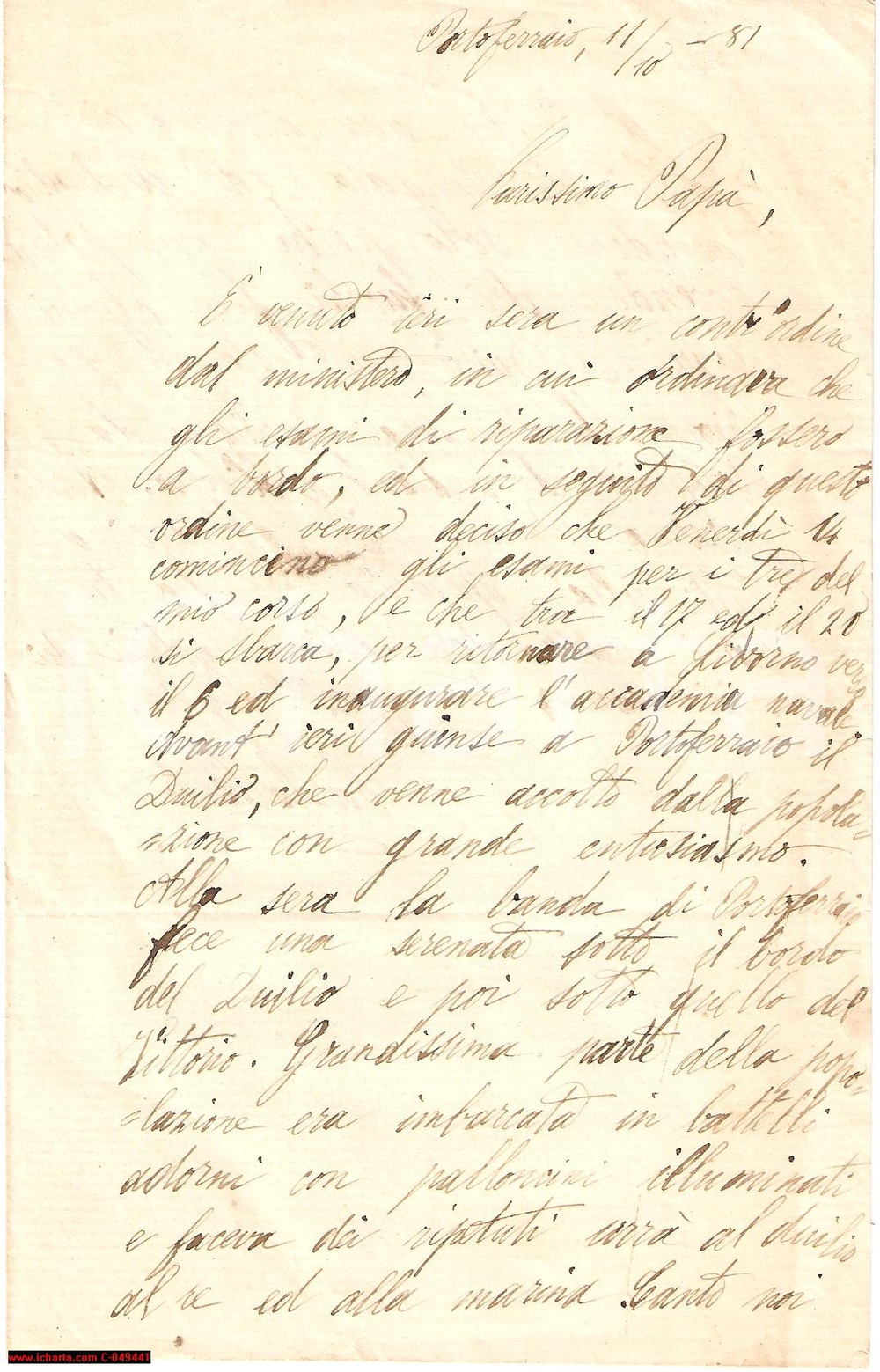 Manoscritto, lettera originale 1881 PORTOFERRAIO (LI) UrrÃ  per il Re e la Regia Marina 1