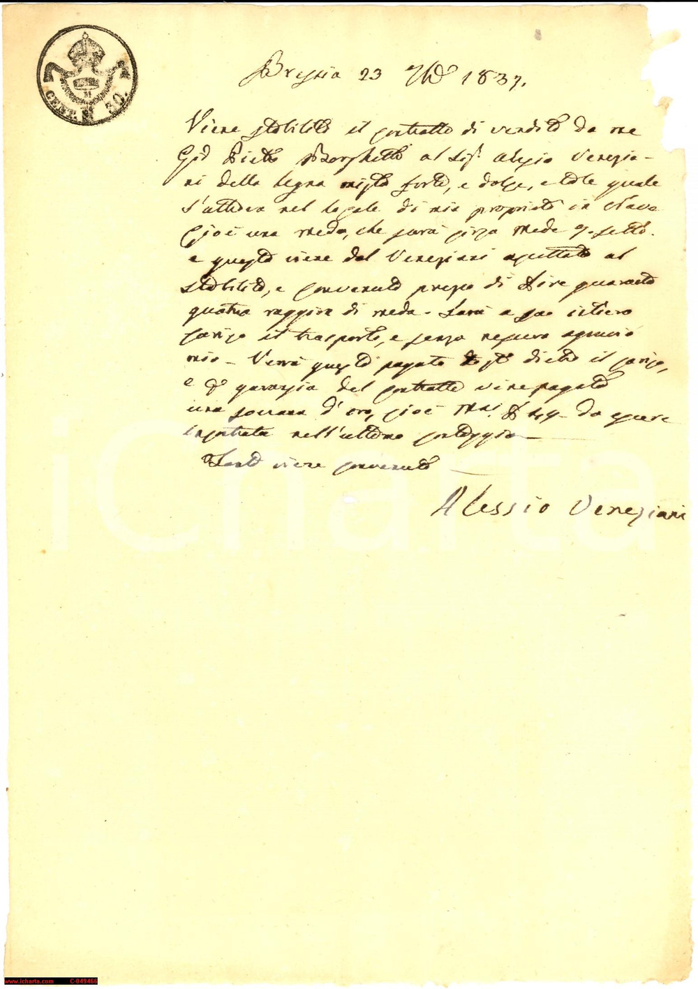 Documento originale, autentico 1837 NAVE (BS) Alessio VENEZIANI compra legna mista 1
