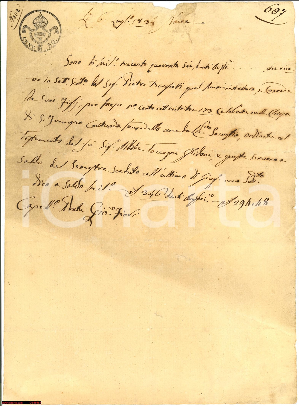 Documento originale, autentico 1834 NAVE (BS) Messe defunti cappellano GIOVANNI FIORI 1