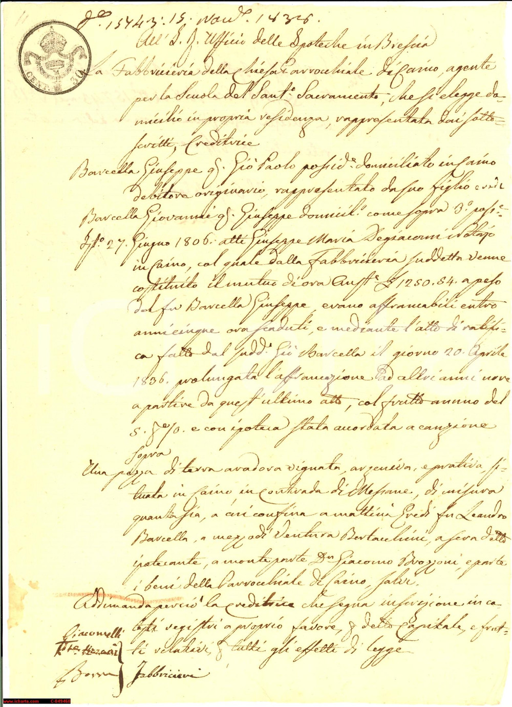 Documento originale, autentico 1838 CAINO (BS) Giovanni BARCELLA riscatta una terra 1