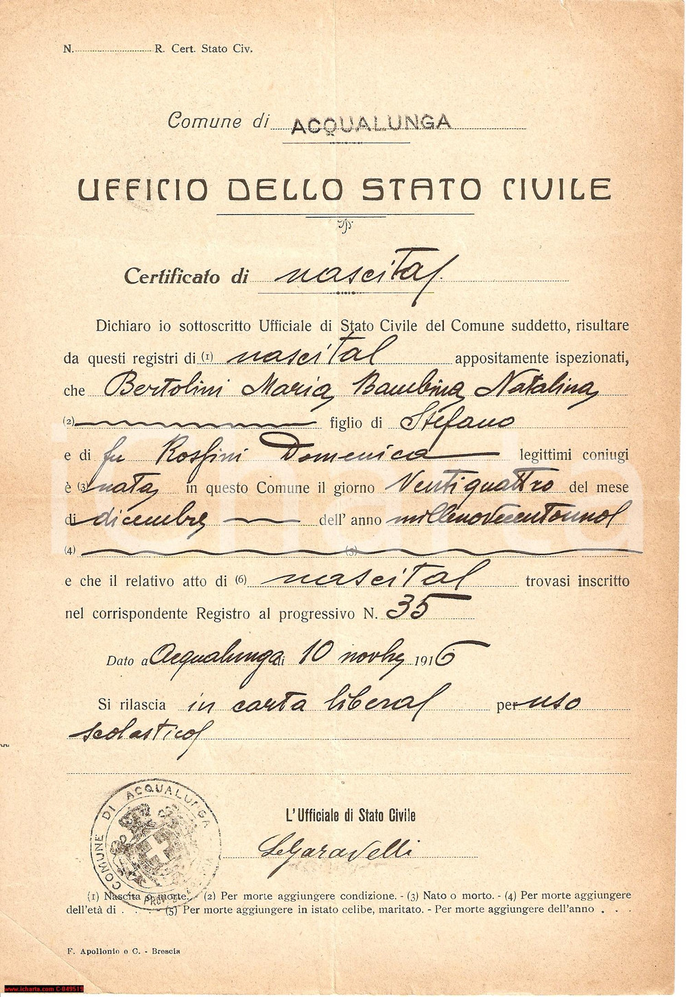 Documento originale, autentico 1916 ACQUALUNGA (BS) Atto di nascita Maria BERTOLINI 1