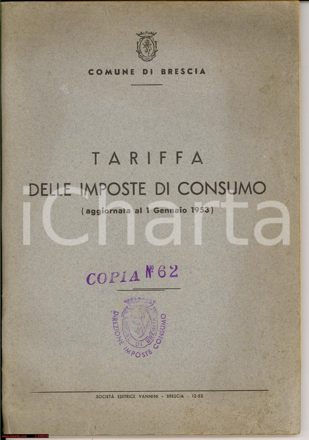 Documento originale, autentico 1953 BRESCIA Tariffa delle imposte di consumo 1