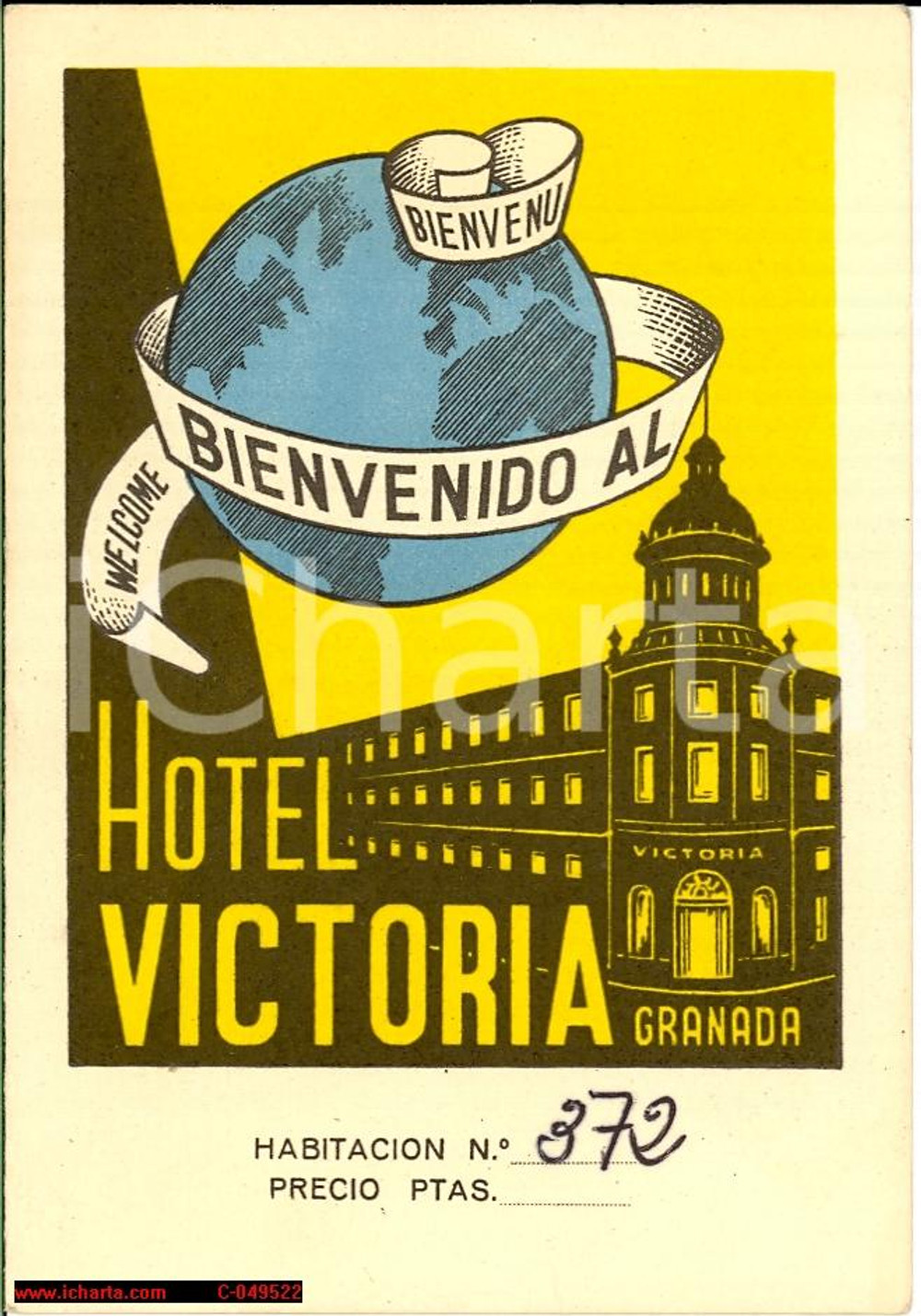 Materiale pubblicitario d’epoca 1940 GRANADA (Spain) HOTEL VICTORIA Tarjeta bienvenido 1