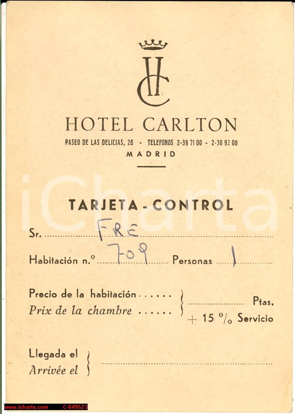 Materiale pubblicitario d’epoca 1961 MADRID (Spain) Hotel CARLTON Tarjeta 1