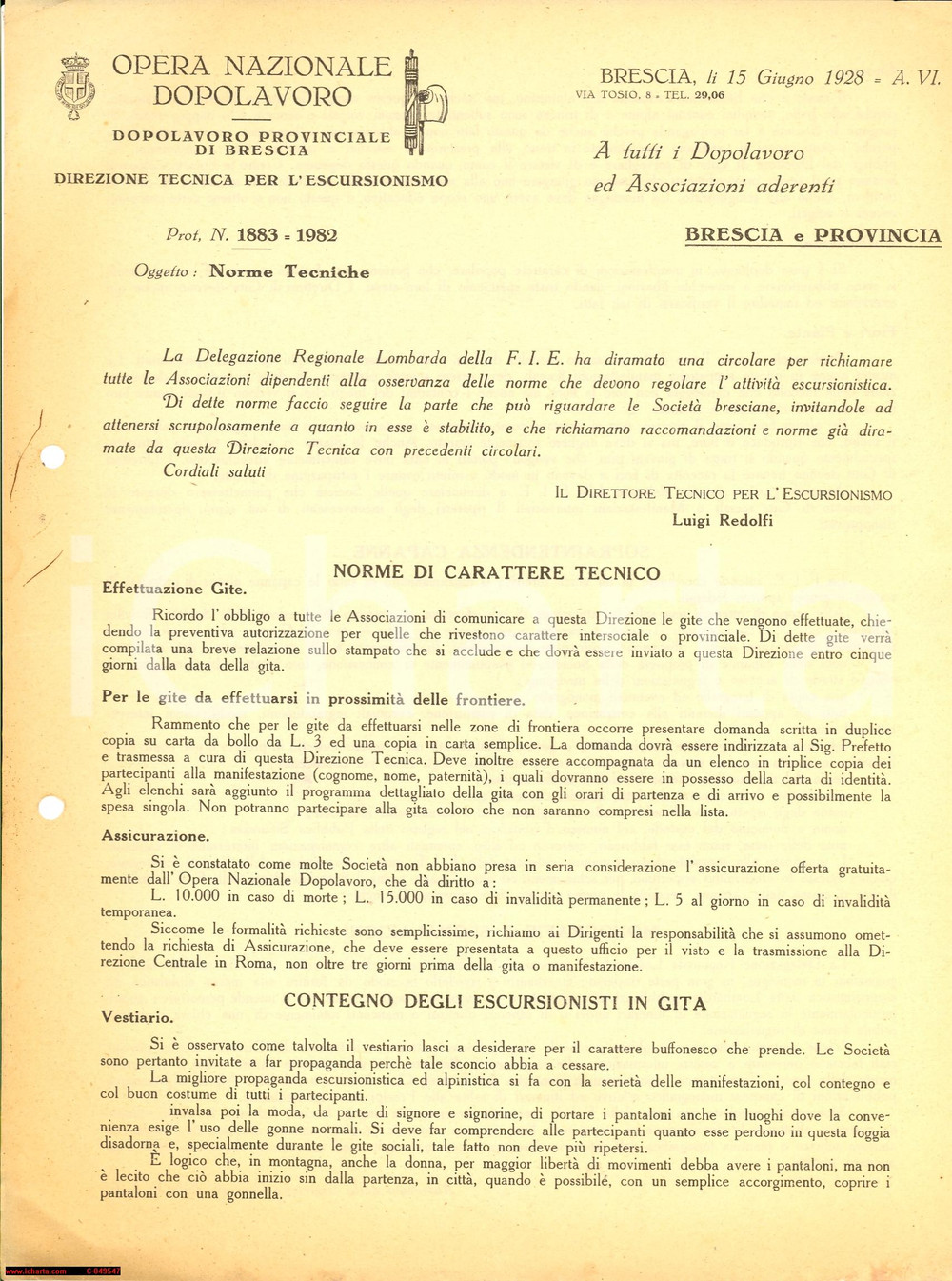Documento originale, autentico 1928 OND BRESCIA Buona condotta dell'escursionista 1