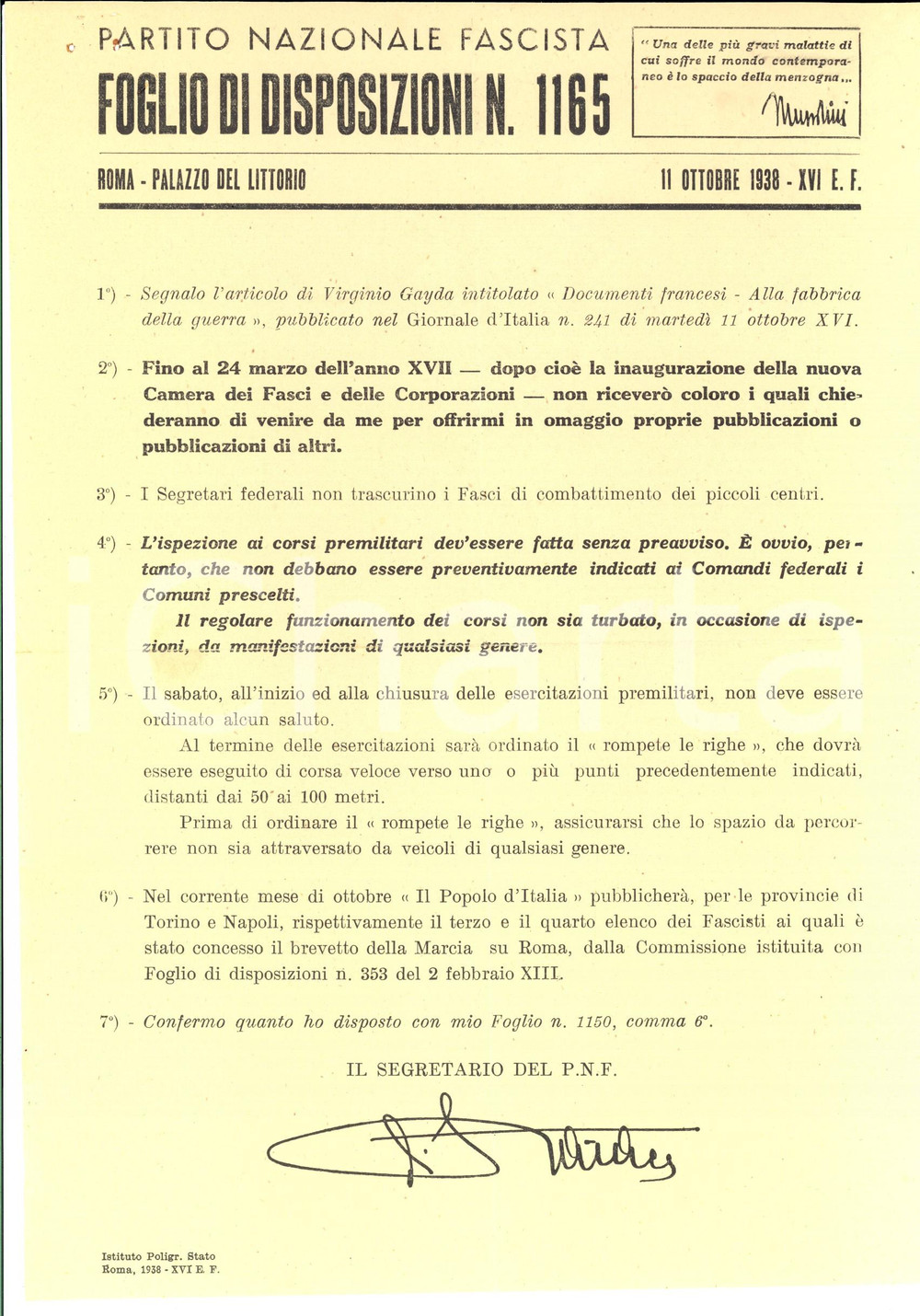 Documento originale, autentico 1938 PNF ROMA Ispezioni ed esercitazioni paramilitari *Foglio disposizioni 1165 1