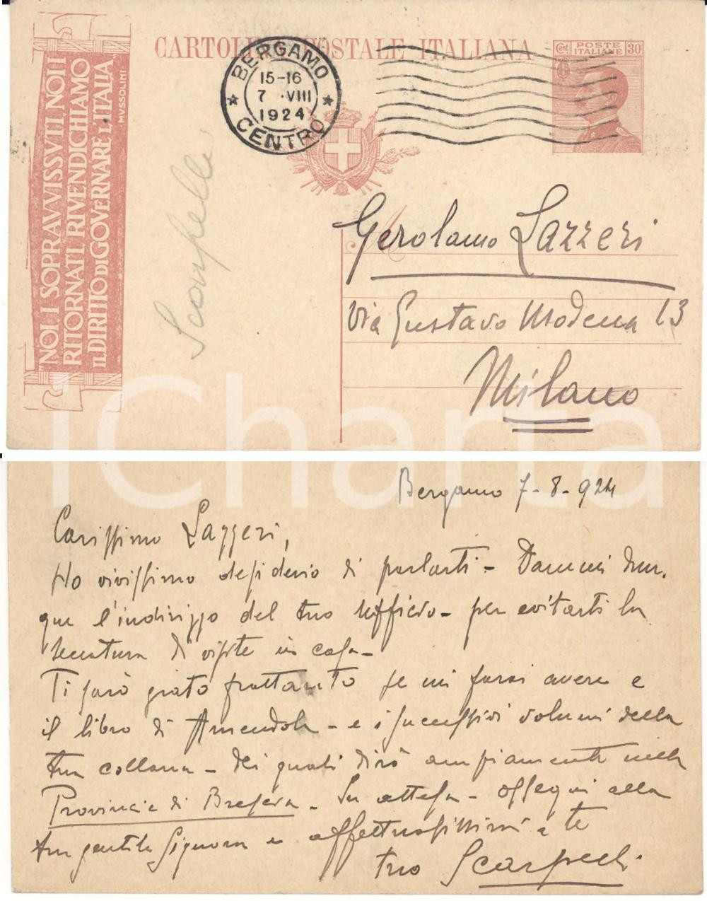 Autografo originale 1924 BERGAMO Francesco SCARPELLI cerca libro AMENDOLA 1