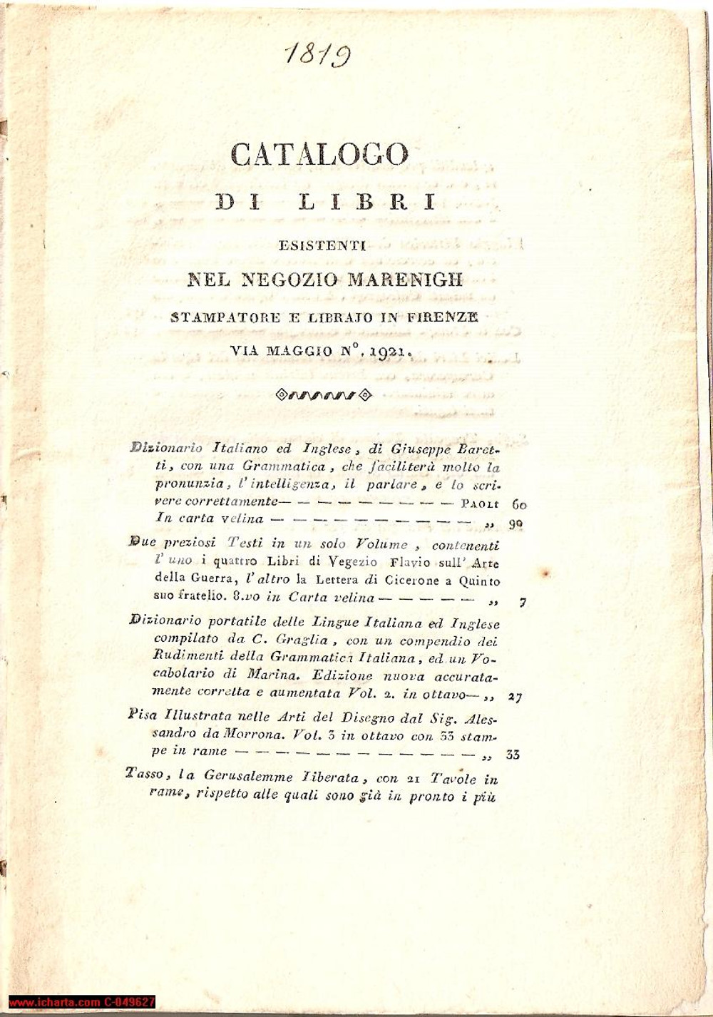 Oggetto da collezione cartaceo 1819 FIRENZE Catalogo edizioni Giovanni MARENIGH Tasso 1