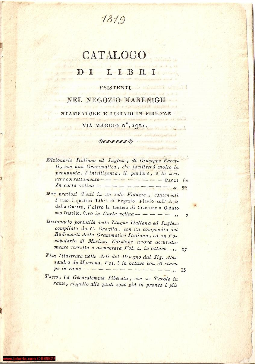 Oggetto da collezione cartaceo 1819 FIRENZE Catalogo edizioni Giovanni MARENIGH Tasso 1