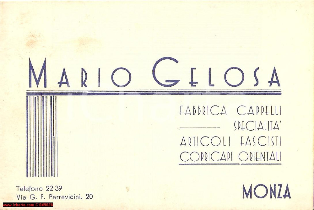 Oggetto da collezione cartaceo 1940 circa MONZA (MB) Fabbrica cappelli Mario GELOSA 1