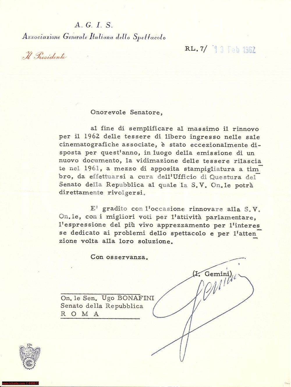 Autografo originale 1962 ROMA Rinnovo tessere cinema Italo GEMINI autografo 1