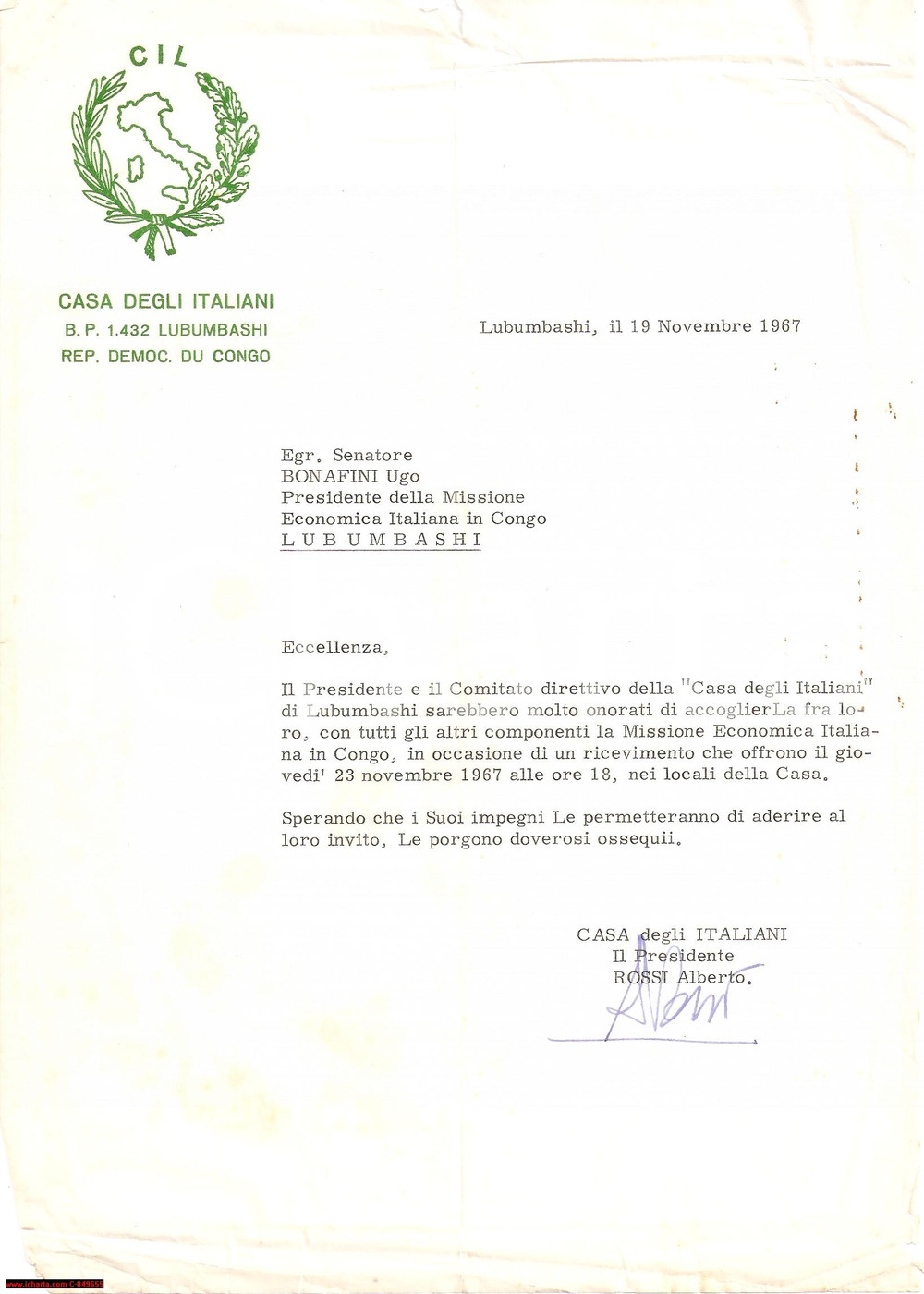 Autografo originale 1967 LUBUMBASHI CONGO Ricevimento Alberto ROSSI 1