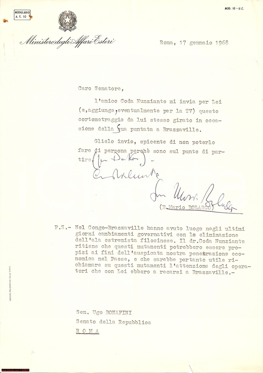 Autografo originale 1968 ROMA Eventi BRAZZAVILLE Mario BOLASCO autografo 1