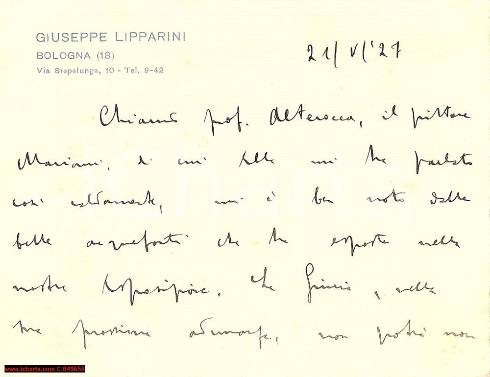 Autografo originale 1927 MILANO Giuseppe LIPPARINI sepoltura Pompeo MARIANI 1