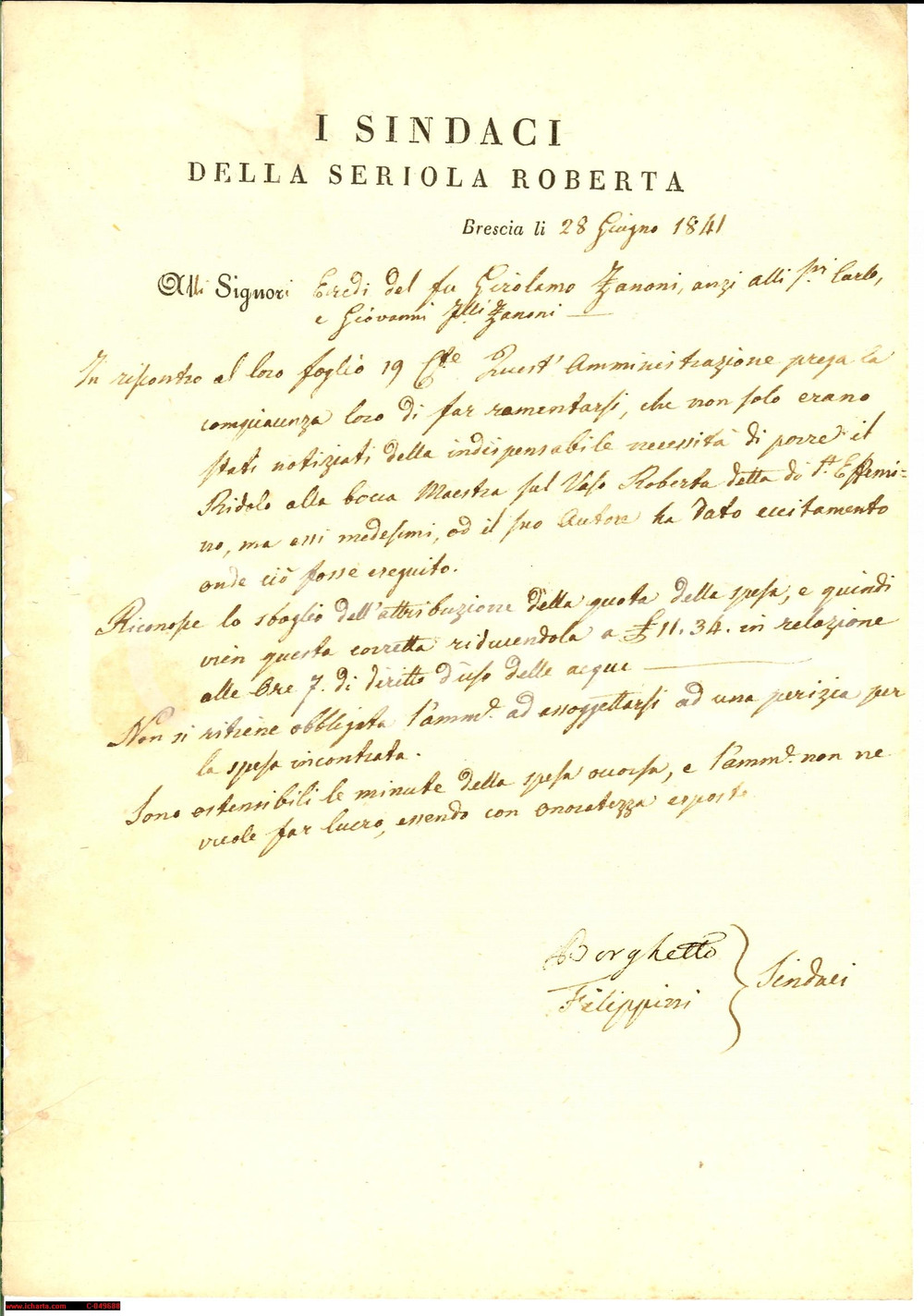 Documento originale, autentico 1841 BRESCIA Eredi Girolamo ZANONI su SERIOLA ROBERTA 1