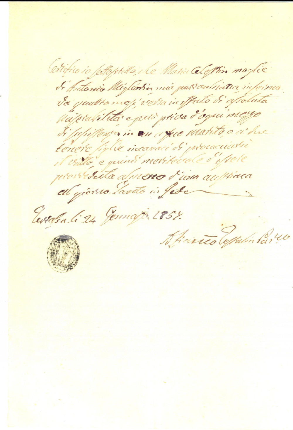 Documento originale, autentico 1863 TERRASSA PADOVANA (PD) Certificato miserabilitÃ  di Maria CELESTIN 1