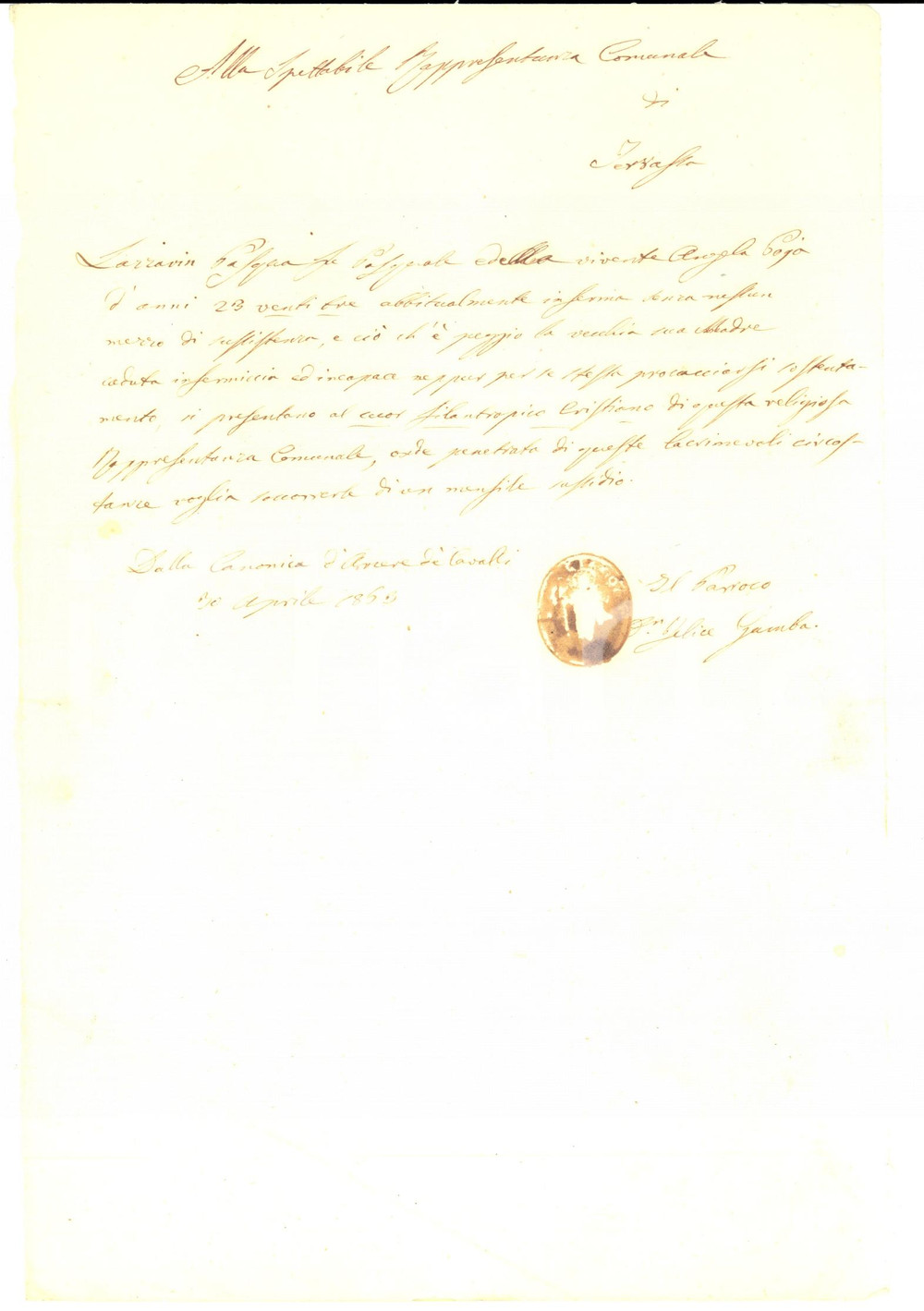 Documento originale, autentico 1863 ARZERCAVALLI (PD) CaritÃ  a Pasqua LAZZARIN inferma e povera a 23 anni 1