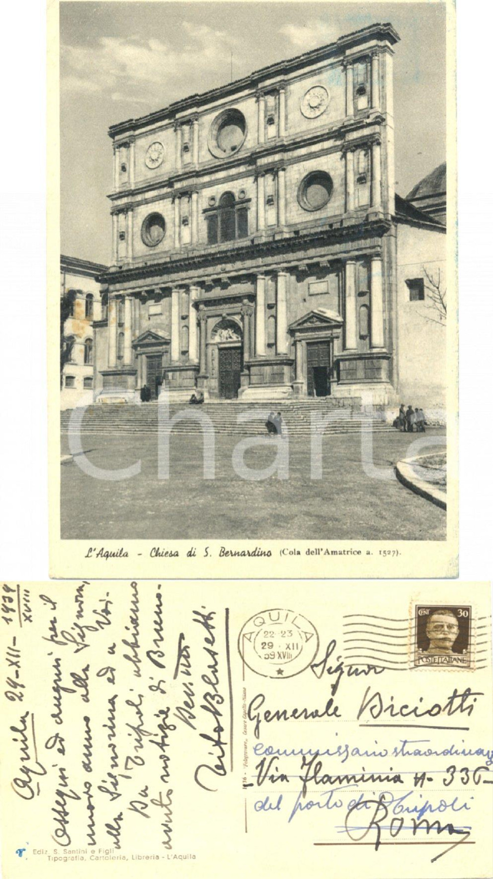 Autografo originale 1939 L AQUILA Chiesa SAN BERNARDINO Autografo Tito BLASETTI a generale BICIOTTI 1