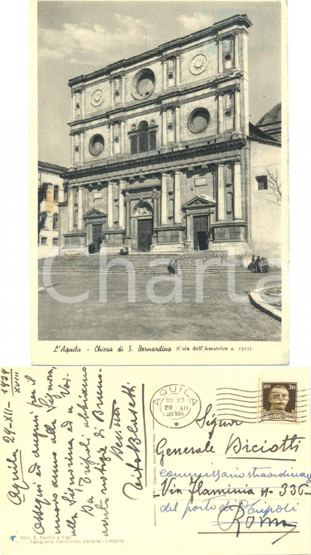 Autografo originale 1939 L AQUILA Chiesa SAN BERNARDINO Autografo Tito BLASETTI a generale BICIOTTI 1
