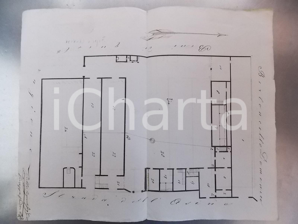 Mappa, planimetria storica 1870 ca BASSANO DEL GRAPPA (VI)  Planimetria casale con granai e caneve 42x34 cm 1
