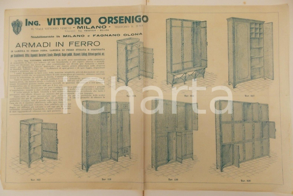 Materiale pubblicitario d’epoca 1930 ca MILANO Ing. VITTORIO ORSENIGO Catalogo armadi in ferro Velina 45x30 1