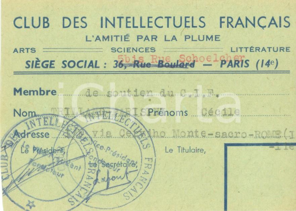 Oggetto da collezione cartaceo 1962 Club des Intellectuels FranÃ§ais Marquise CÃ©cile TRILLAND 1